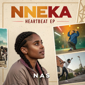 Promotional poster for Nneka's 'Heartbeat EP'. Features Nas and a collage of vibrant images including a young woman's portrait, a man in deep thought, and lively scenes of individuals in motion. The design is raw and textured with earthy hues and gritty tones.