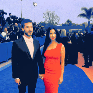 Vinny Guadagnino and Melanie Iglesias at the Grammy Awards. Vinny in a black tuxedo, Melanie in a red dress. Crowded red carpet scene.