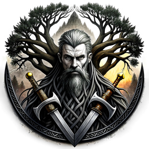 Wikinger mit zwei Gesichtern baum yggdrasil – and weapons high-definition design grey and black, realistic tattoo design, white background