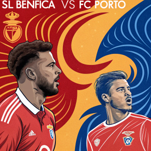 Creative promotional poster for SL Benfica vs FC Porto match. Vibrant colors, dynamic background with bold text in modern font.