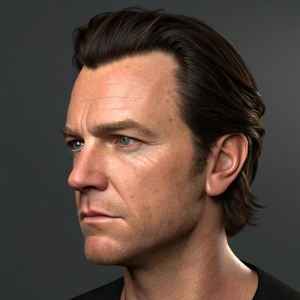 A realistic 3D rendering of Ewan McGregor's face. Dark brown hair framing his chiseled jawline. Set against a plain, dark gray background.