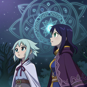 Digital illustration of Kyoka and Sayla from Fairy Tail. Fantasy setting. Dark, ethereal backdrop with intricate alien-like patterns.