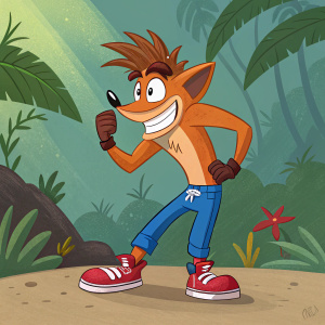 Crash Bandicoot, the iconic video game character, sporting vibrant blue pants and red shoes, with a cheeky grin and spiky brown hair. Standing against a backdrop of lush, bright colors, in a dynamic pose.