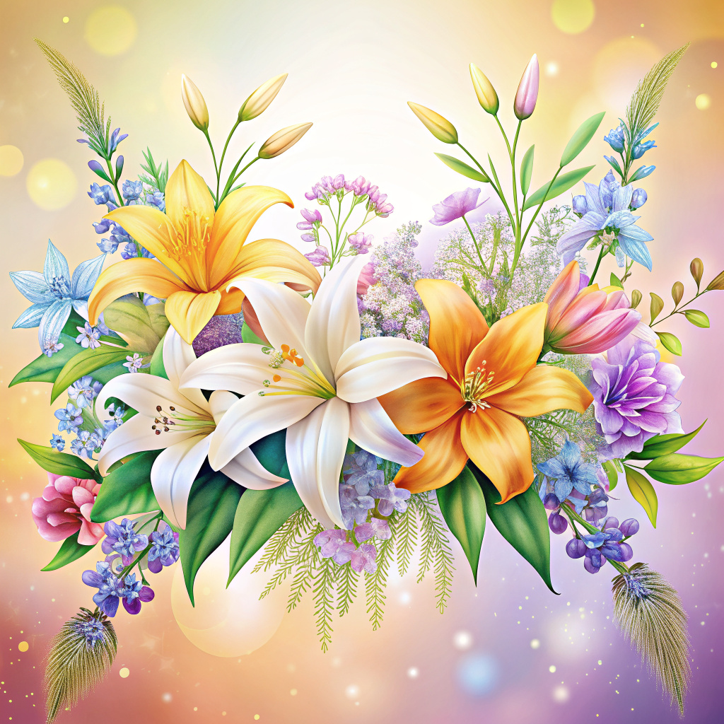 Lily theme, with spring flowers, daysi flowers, lavender and floral flower bouquet,  you banner, elegant style, bright colors, blurry background