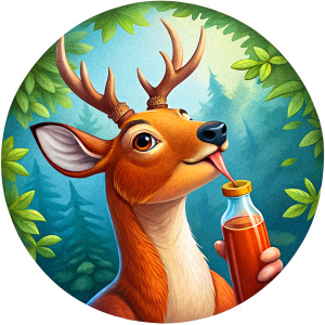 Deer drinking with its tongue from a bottle of syrup, cheerful look, cartoon style, humorous style, with its head outside the circle