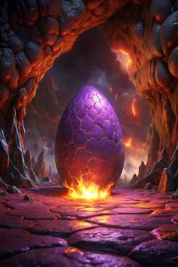 a very big purple egg in a cave with lava and fire arounded