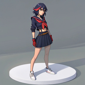 Ryuko Matoi, from the anime 'Kill la Kill', stands in a digital scene. Her serious look, dark hair with a vibrant streak, dark layered top, red accessory, skirt, and belt. She's on a white, circular platform. Subdued gray background.