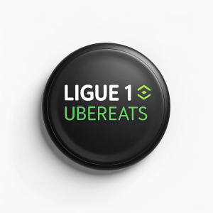 Illustration of Ligue 1 UberEats logo on a sleek black background. The text pops in vibrant white and green hues. Modern flat design style.