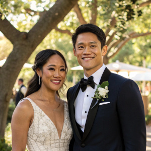 Shelby Rabara and Harry Shum Jr., dressed formally, smiling at an outdoor event with trees in the background.
