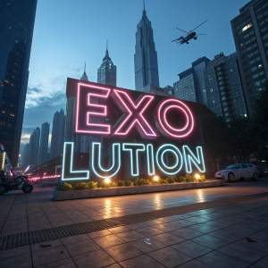 A neon 'EXO LUTION' sign in a futuristic cityscape at night