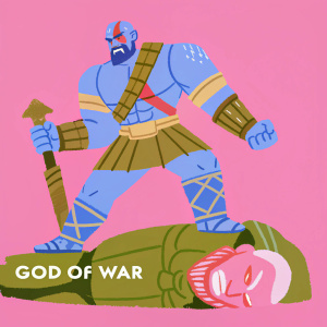 Kratos statue, fierce and imposing, standing atop a defeated foe's head. The intricate details of his armor and dynamic pose are highlighted. Set against a plain, gray background with the God of War logo at the base.