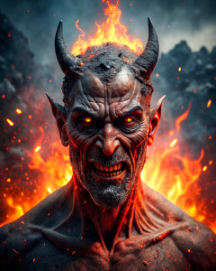 cinematic shot, hell, demon, dark and contrasting shades, lava, fire, smoke