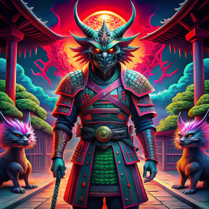 soldado samuray de cuerpo completo, mascara Verceco Oni completa, hiper realismo, sin cara, Dō/Dō-gusoku color rojo y dragon negro de ojos verdes en el pecho, botas rojas y sable magico, fondo el doyo magico