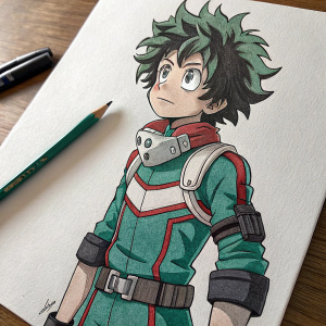 Pencil sketch of Izuku Midoriya from My Hero Academia, drawn on a blank sheet of paper. Character's detailed features and attire are clearly visible, against a plain white background.