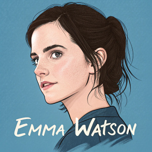 Cartoony portrayal of Emma Watson. Dark hair, youthful appearance, clear skin. Solid blue background, focus on face. Name 'Emma Watson' written stylishly at the bottom.