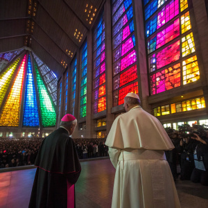 Pope Francis and Monsignor Leonardo Sapienza in a modern cathedral. Bright, colorful stained glass windows. Crowded event with cameras flashing.