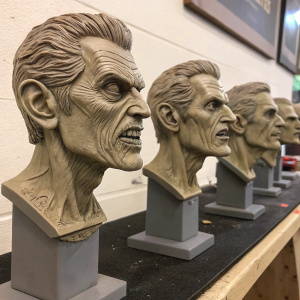 A lineup of Kramer Zombie head sculptures by Gabriel Garcia Studios. Each sculpture in 1/6 scale with detailed features. Shown in progression, set against a plain backdrop.