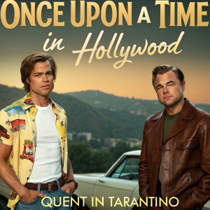 Promotional image for the film 'Once Upon a Time in Hollywood'. Stars Brad Pitt and Leonardo DiCaprio in the heart of Hollywood. Directed by Quentin Tarantino.