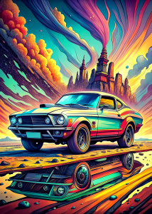  cartoon car Mustang  in Madrid,   ultra detailed   , style pop art, , style watecolor, black background,r eady for print t-shirt, style art fabric, without horse


