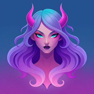 Succubus with gradient hair in purple, lilac, pink colors, with mysterious face