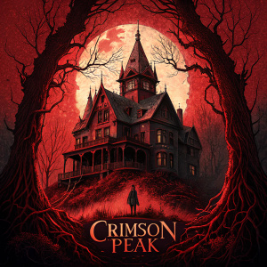 Eerie horror-themed promotional poster for Crimson Peak. Dark red colors, gothic textures, unsettling abstract design surrounding the logo.