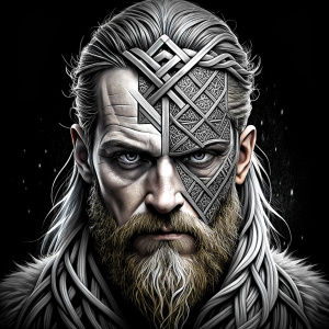 walhalla, viking warrior,  runics face, black work, white backrounds