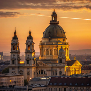 A stunning sunset view of St Stephen's Basilica in Budapest, Hungary. The grand church with its towering dome and spires glows in warm hues against the golden twilight sky.