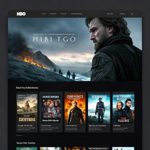 Homepage of HBO GO featuring a grid layout. Top spot occupied by a thrilling movie scene. Below, a lineup of enticing movie posters. Dark and sleek design scheme.
