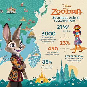 Promotional poster for Disney's Zootopia featuring vibrant Southeast Asian inspired designs. The backdrop is a detailed map of Southeast Asia, surrounded by multimedia elements and stats. Highlighting theme of localization.