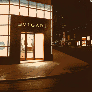 Nighttime view of BVLGARI flagship store. Glass and stone exterior, bright neon logo. Well-lit entrance, wooden flooring. Luxurious ambiance in bustling cityscape.