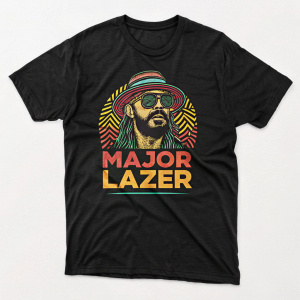 A black t-shirt showcasing a vibrant graphic of Major Lazer's iconic face-like pattern with the brand name 'MAJOR LAZER' underneath, styled in bold, metallic hues.
