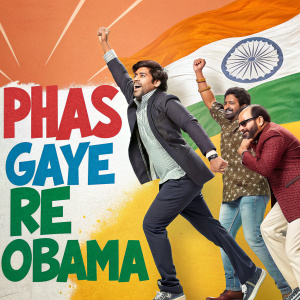 A vibrant Bollywood movie poster, 'Phas Gaye Re Obama', showcasing a group of actors in dynamic poses. The poster features the Indian flag, colorful backdrop, and playful text in Hindi.
