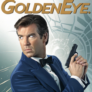 Classic film poster for 'GoldenEye'. Pierce Brosnan as James Bond, intense stare, wearing blue tuxedo, holding Walther PPK pistol, against abstract background of shattered glass, conveying suspense and action.