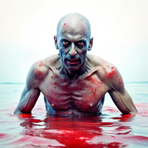 a zombi man, without hair, open wounds, wearing a bikini, comming out of red bloody water, close up photo