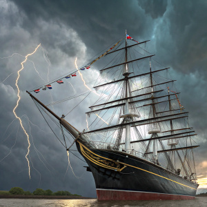 The majestic Cutty Sark clipper ship, with intricate mast and rigging systems, against a stormy sky backdrop. The ship's hull, black with gold trim, carries numerous flags.