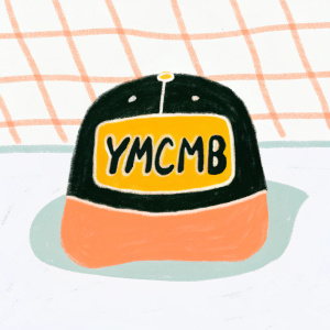 A black baseball cap with a bold yellow YMCMB logo. The cap has a structured design and a curved brim.