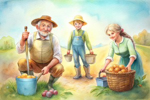 farmers grandfather grandmother father mother and son daughter digging the potatoes on the farm shovel bucket baskets