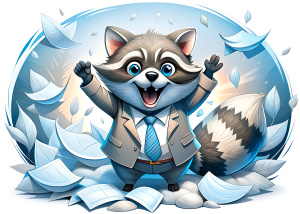 In this image, you can see a joyful raccoon sitting in a pile of scattered papers. He looks happy and open-mouthed, expressing joy or delight. The raccoon is holding business papers in his hand, perhaps looking at them or holding them out to the camera. This scene gives the impression that the raccoon is engaged in something fun or interesting, perhaps having fun looking at or playing with the papers.