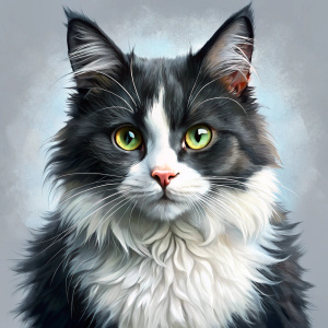 пушистая чёрно белая кошка