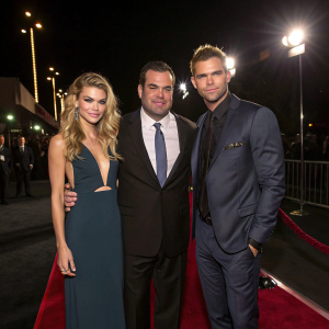 Photo of AnnaLynne McCord, Randall Emmett, and Kellan Lutz at an awards show. Dark red carpet and spotlights in background.