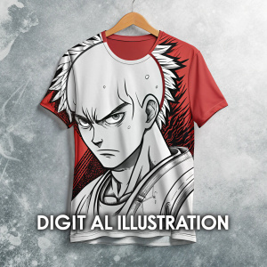 A vibrant t-shirt featuring an intense anime character. Bold black and white sketch with detailed facial expression. The design is set against a textured gray background, giving it a grunge feel. Information about the digital illustration service is included.