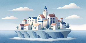 White illustration, Rene magritte style, isolated surrealistic collage of a lot of old Austrian houses and trees on island, huge ocean and big sky, light pastel colors, asymmetrical composition, zoom out view, grainy texturing paper