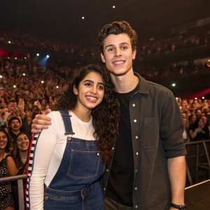 Alessia Cara and Shawn Mendes at a concert. Wearing casual outfits, no red carpet in sight. Crowd cheering in the background.