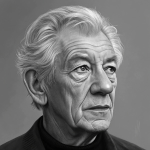 Digital art of Sir Ian McKellen's bust. Gray background. Eyes and mouth show age