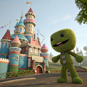 Sackboy, vibrant green character, standing in front of a colossal, colorful castle in a video game world.