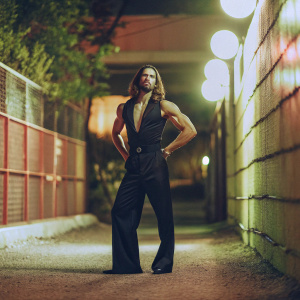 Giorno Giovanna, muscular and confident, in a sleek black outfit. Standing in a neon-lit alleyway at night.