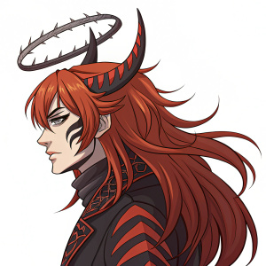 Goro Akechi, fiery red hair cascading down, adorned with intricate horns and dark stripes. Wears a jagged halo. Character design featuring sharp contrasts in colors and shapes.