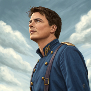 Digital art featuring John Barrowman as Captain Jack Harkness. TV series Torchwood. Blue shirt with golden details, cloudy sky background. Realistic portrait.