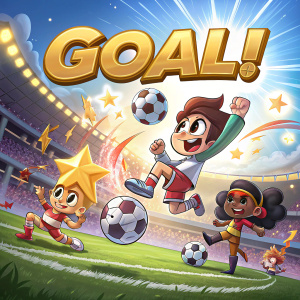 High-energy video game ad for Cartoon Network's Superstar Soccer. Golden text 'GOAL!' at top. Cartoon characters in various dynamic poses. Bright, colorful soccer-themed background. Encourages players to choose their favorite characters.