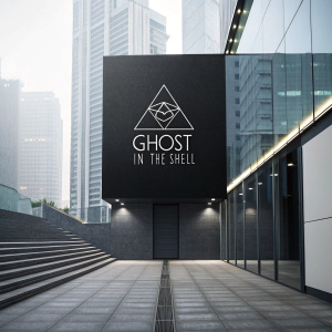 Elegant title card for 'Ghost in the Shell'. Minimalist design with sleek lines. Monochromatic color palette. Angular emblem and sans-serif font.